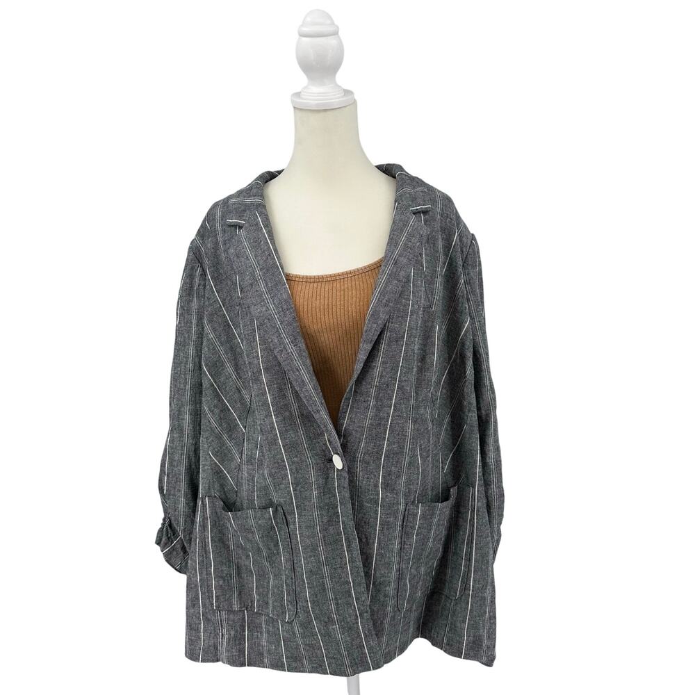 Lane Bryant Striped Blazer WMNS 22 Gray One Button Linen Blend Jacket Suit Coat